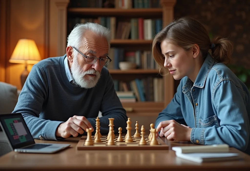un homme âgé et une femme jouent aux échecs