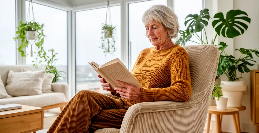 Femme âgée lisant près d'une fenêtre dans un salon moderne