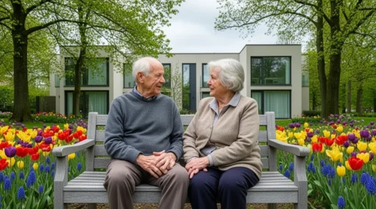 Deux seniors assis sur un banc de jardin devant une résidence moderne