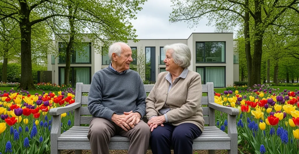 Deux seniors assis sur un banc de jardin devant une résidence moderne