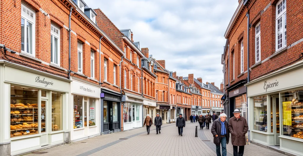 Rue piétonne avec façades en briques rouges typiques du nord de la France